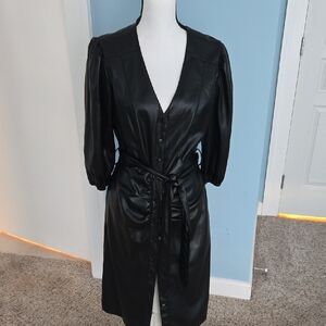 House of Harlow 1960 Black FAUX Leather Shirt  Dress 3/4 Sleeve Belted L